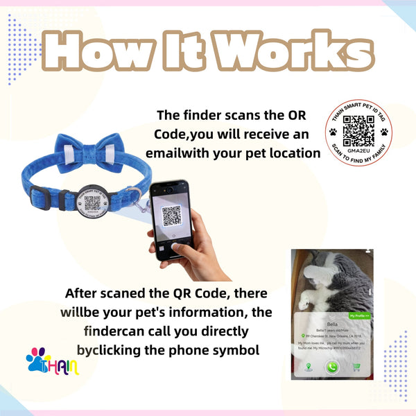 THAIN Personalized Cat Collar with Bell and Bowtie Breakaway QR Code Name Smart ID tag Quick Release Soft Comfortable Collar for Cats and Kittens