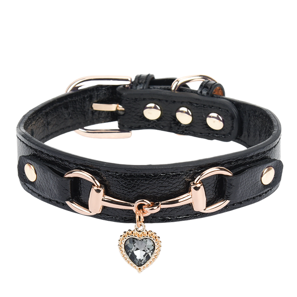THAIN Fashion Dog Collar with Bling Diamonds & Heart Charm – 5 Holes Adjustable PU Leather Rhinestones Necklace Collar, Gold Buckle for Small Dogs Girl