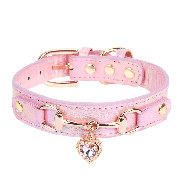 THAIN Fashion Dog Collar with Bling Diamonds & Heart Charm – 5 Holes Adjustable PU Leather Rhinestones Necklace Collar, Gold Buckle for Small Dogs Girl