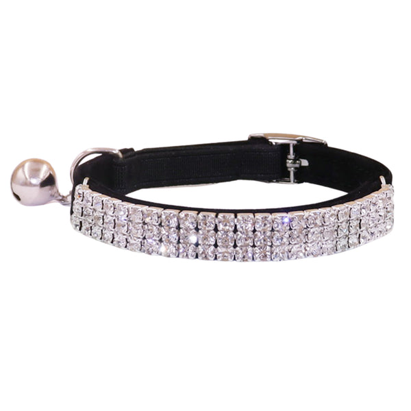 THAIN Rhinestones Cat Dog Collar Soft Velvet Safe Adjustable Collar Bling Diamante with Bells, 8-11 inch for Small Dogs and Cats