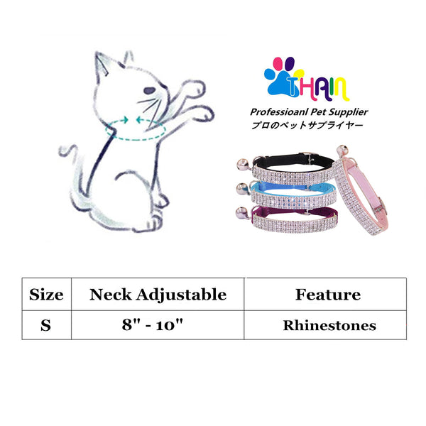 THAIN Rhinestones Cat Dog Collar Soft Velvet Safe Adjustable Collar Bling Diamante with Bells, 8-11 inch for Small Dogs and Cats
