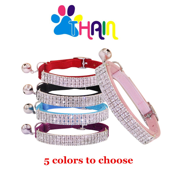 THAIN Rhinestones Cat Dog Collar Soft Velvet Safe Adjustable Collar Bling Diamante with Bells, 8-11 inch for Small Dogs and Cats