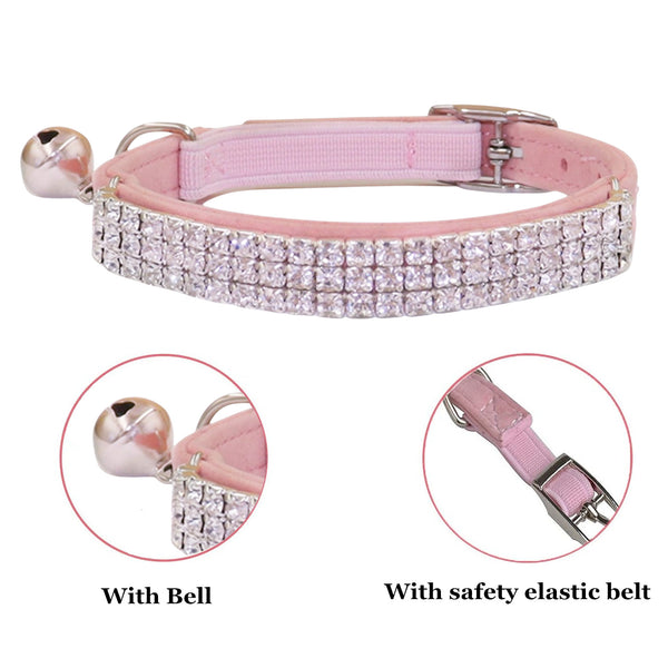 THAIN Rhinestones Cat Dog Collar Soft Velvet Safe Adjustable Collar Bling Diamante with Bells, 8-11 inch for Small Dogs and Cats