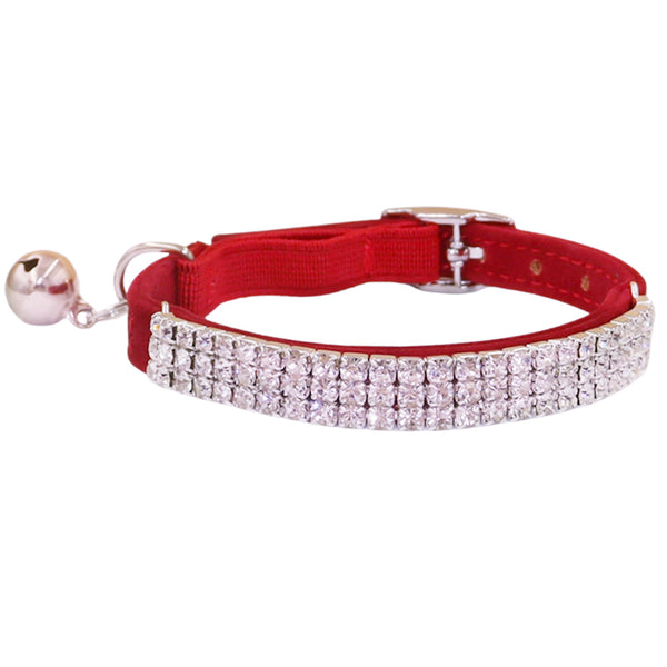 THAIN Rhinestones Cat Dog Collar Soft Velvet Safe Adjustable Collar Bling Diamante with Bells, 8-11 inch for Small Dogs and Cats