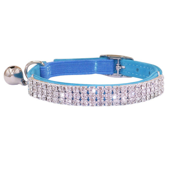 THAIN Rhinestones Cat Dog Collar Soft Velvet Safe Adjustable Collar Bling Diamante with Bells, 8-11 inch for Small Dogs and Cats