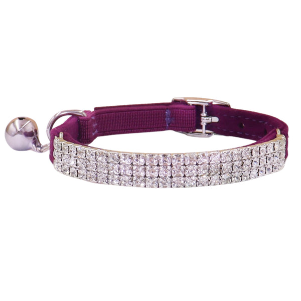 THAIN Rhinestones Cat Dog Collar Soft Velvet Safe Adjustable Collar Bling Diamante with Bells, 8-11 inch for Small Dogs and Cats