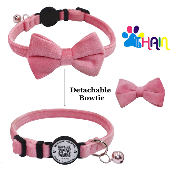 THAIN Personalized Cat Collar with Bell and Bowtie Breakaway QR Code Name Smart ID tag Quick Release Soft Comfortable Collar for Cats and Kittens
