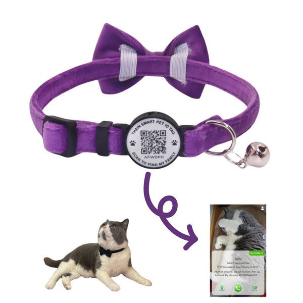 THAIN Personalized Cat Collar with Bell and Bowtie Breakaway QR Code Name Smart ID tag Quick Release Soft Comfortable Collar for Cats and Kittens