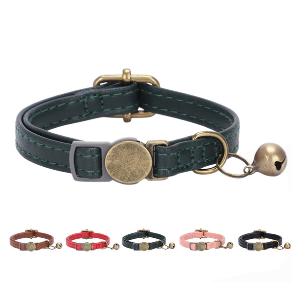 THAIN Leather Cat Collar with Bell Breakaway- Adjustable, Durable, Retro Bell fit Most Cats and Kittens