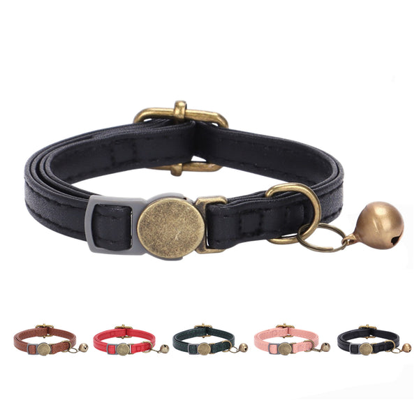 THAIN Leather Cat Collar with Bell Breakaway- Adjustable, Durable, Retro Bell fit Most Cats and Kittens