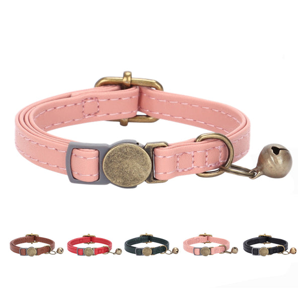THAIN Leather Cat Collar with Bell Breakaway- Adjustable, Durable, Retro Bell fit Most Cats and Kittens
