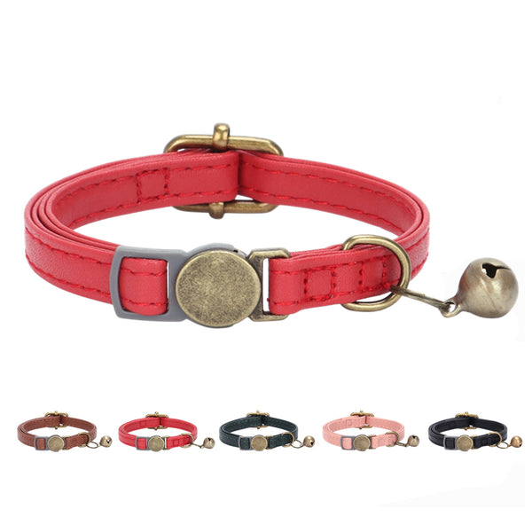 THAIN Leather Cat Collar with Bell Breakaway- Adjustable, Durable, Retro Bell fit Most Cats and Kittens