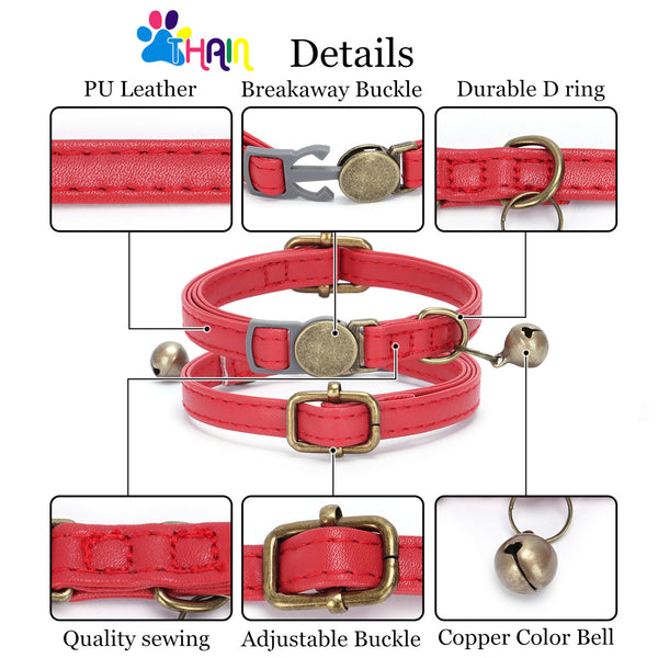 THAIN Leather Cat Collar with Bell Breakaway- Adjustable, Durable, Retro Bell fit Most Cats and Kittens