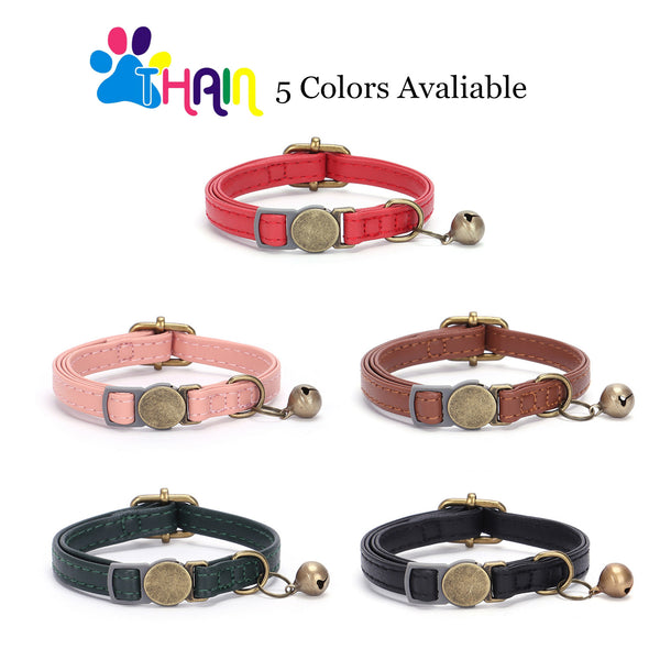 THAIN Leather Cat Collar with Bell Breakaway- Adjustable, Durable, Retro Bell fit Most Cats and Kittens