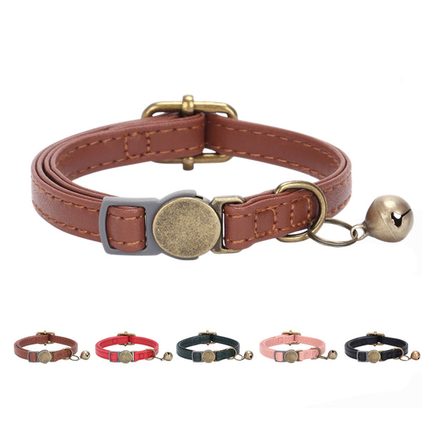 THAIN Leather Cat Collar with Bell Breakaway- Adjustable, Durable, Retro Bell fit Most Cats and Kittens