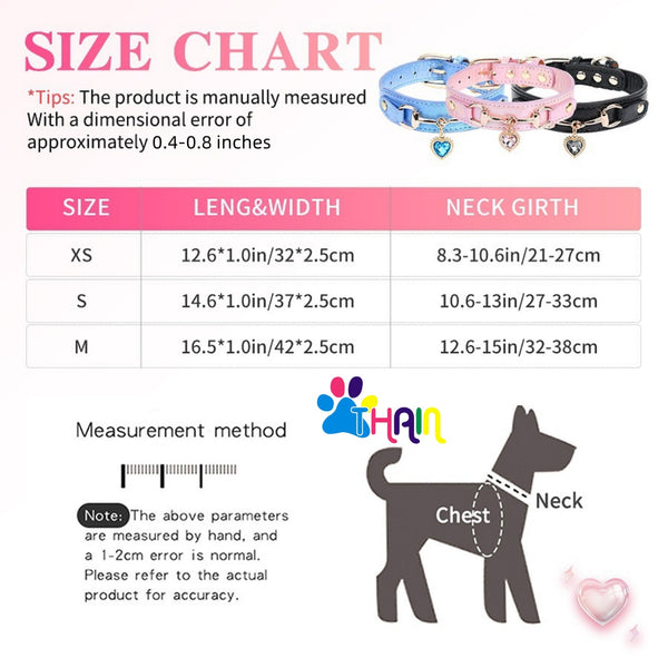 THAIN Fashion Dog Collar with Bling Diamonds & Heart Charm – 5 Holes Adjustable PU Leather Rhinestones Necklace Collar, Gold Buckle for Small Dogs Girl