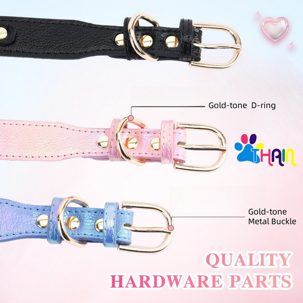THAIN Fashion Dog Collar with Bling Diamonds & Heart Charm – 5 Holes Adjustable PU Leather Rhinestones Necklace Collar, Gold Buckle for Small Dogs Girl