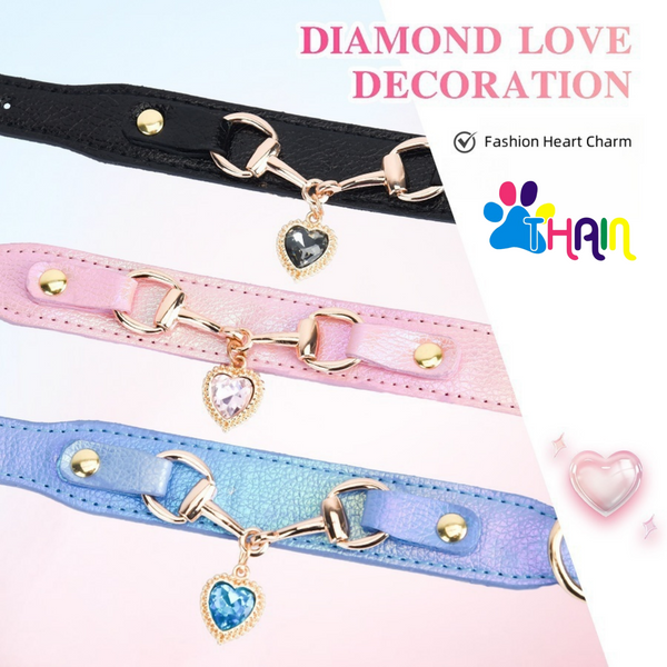 THAIN Fashion Dog Collar with Bling Diamonds & Heart Charm – 5 Holes Adjustable PU Leather Rhinestones Necklace Collar, Gold Buckle for Small Dogs Girl