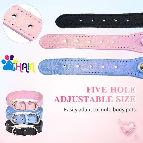THAIN Fashion Dog Collar with Bling Diamonds & Heart Charm – 5 Holes Adjustable PU Leather Rhinestones Necklace Collar, Gold Buckle for Small Dogs Girl