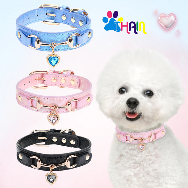 THAIN Fashion Dog Collar with Bling Diamonds & Heart Charm – 5 Holes Adjustable PU Leather Rhinestones Necklace Collar, Gold Buckle for Small Dogs Girl