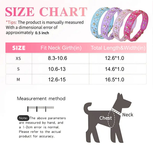 THAIN Rhinestones PU Leather Dog Collar Diamond Sparkling Flower Decoration for Small Medium Dogs, Golded Metal Buckle, 5-Holes Adjustable