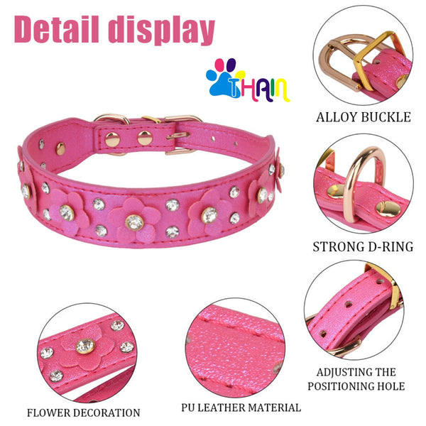 THAIN Rhinestones PU Leather Dog Collar Diamond Sparkling Flower Decoration for Small Medium Dogs, Golded Metal Buckle, 5-Holes Adjustable