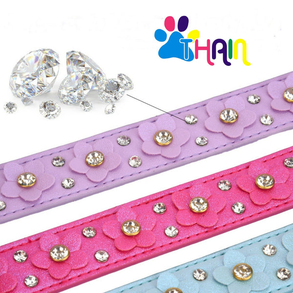 THAIN Rhinestones PU Leather Dog Collar Diamond Sparkling Flower Decoration for Small Medium Dogs, Golded Metal Buckle, 5-Holes Adjustable