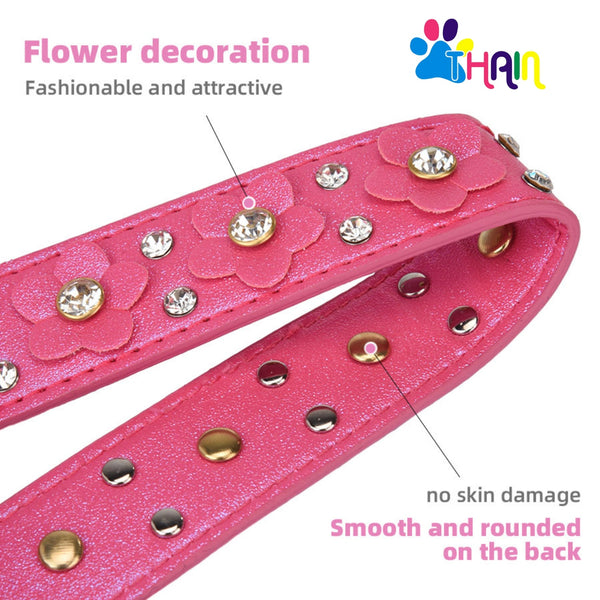 THAIN Rhinestones PU Leather Dog Collar Diamond Sparkling Flower Decoration for Small Medium Dogs, Golded Metal Buckle, 5-Holes Adjustable