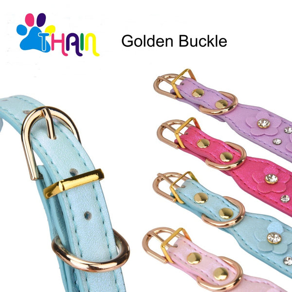 THAIN Rhinestones PU Leather Dog Collar Diamond Sparkling Flower Decoration for Small Medium Dogs, Golded Metal Buckle, 5-Holes Adjustable