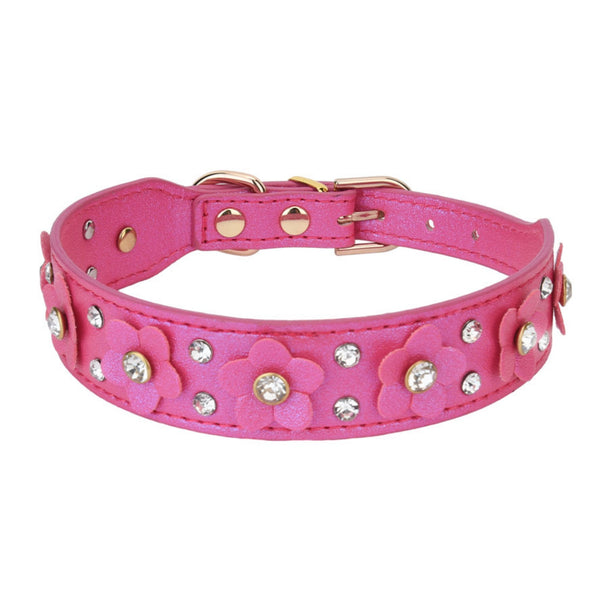 THAIN Rhinestones PU Leather Dog Collar Diamond Sparkling Flower Decoration for Small Medium Dogs, Golded Metal Buckle, 5-Holes Adjustable