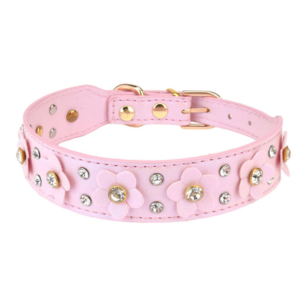 THAIN Rhinestones PU Leather Dog Collar Diamond Sparkling Flower Decoration for Small Medium Dogs, Golded Metal Buckle, 5-Holes Adjustable