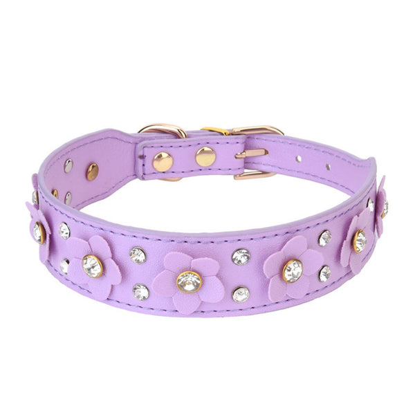 THAIN Rhinestones PU Leather Dog Collar Diamond Sparkling Flower Decoration for Small Medium Dogs, Golded Metal Buckle, 5-Holes Adjustable