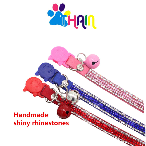 THAIN Basic Adjustable Cat Collar Bling Diamond Breakaway with Bell for Kitten Girl boy