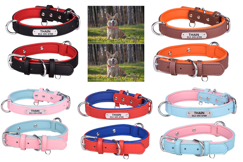 THAIN Personalized Dog Collars Microfiber Leather with Free Engraved Name Plate Neoprene Padded Pet Collar for Puppy Small Medium Large Dogs