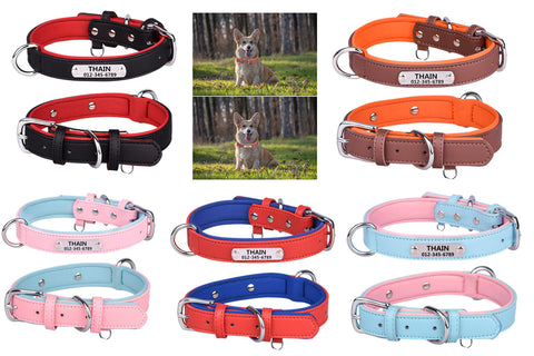 THAIN Personalized Dog Collars Microfiber Leather with Free Engraved Name Plate, Neoprene Padded Pet Collar for Puppy Small Medium Large Dogs