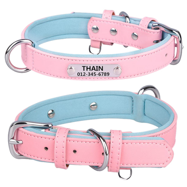 THAIN Personalized Dog Collars Microfiber Leather with Free Engraved Name Plate, Neoprene Padded Pet Collar for Puppy Small Medium Large Dogs