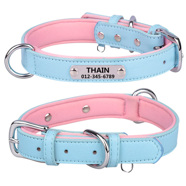 THAIN Personalized Dog Collars Microfiber Leather with Free Engraved Name Plate, Neoprene Padded Pet Collar for Puppy Small Medium Large Dogs