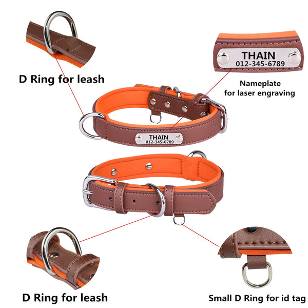 THAIN Personalized Dog Collars Microfiber Leather with Free Engraved Name Plate, Neoprene Padded Pet Collar for Puppy Small Medium Large Dogs